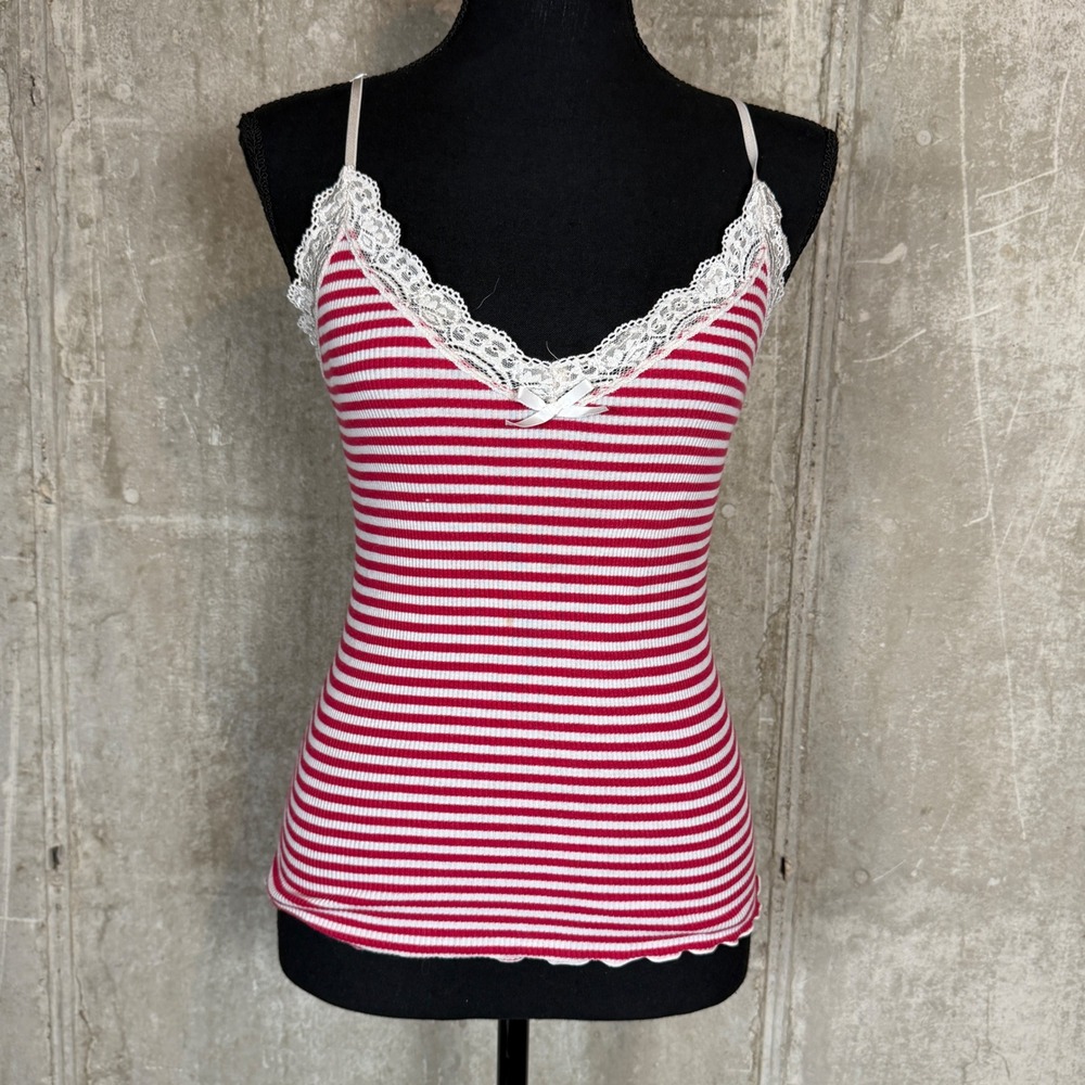 Eloise Red White Striped Lace Trim Camisole Top Small Cotton Ribbed Tank